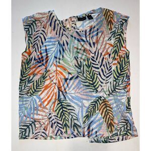 TAHARI 100% Linen Tropical Floral Print Short Sleeve‎ Top Size XL